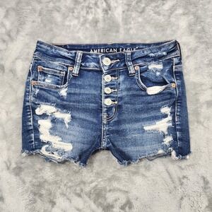 American Eagle Shorts Womens 4 Blue High Rise Shortie Distressed Cutoff Stretch